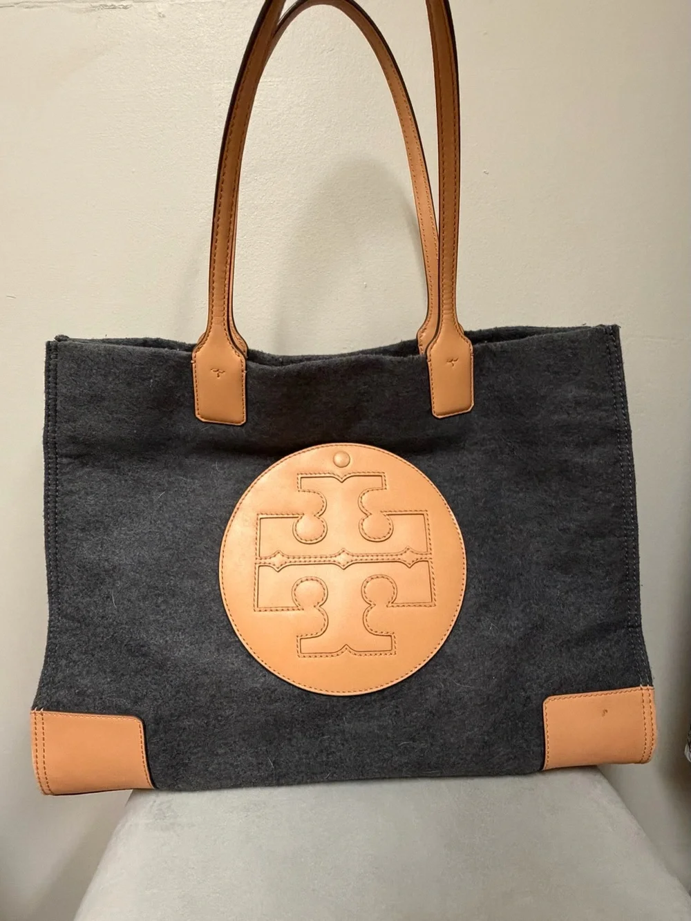 Tory Burch Gray Tote with Tan Leather Trim